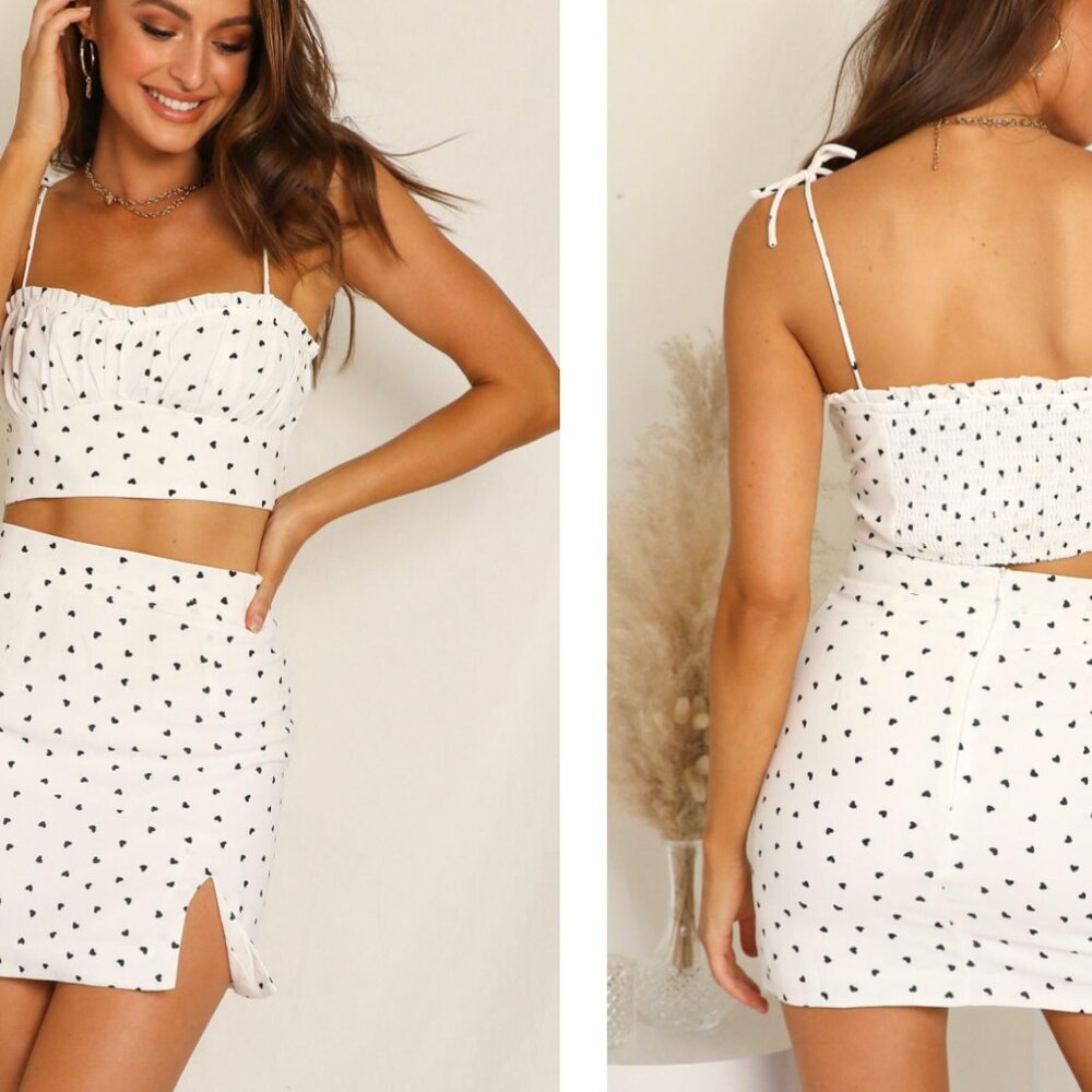 FASHION NOVA WHITE BLACK HEART POLKA DOT PRINT CO-ORD MINI SKIRT SET - SMALL